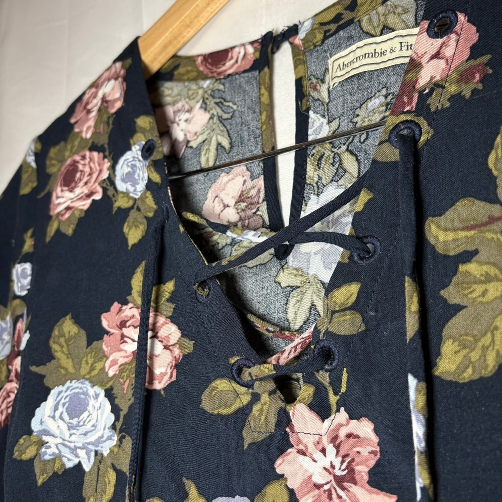 Abercrombie & Fitch‎ Y2K Floral Lace Up Mini Dress Black Rose Print XS Vintage - Picture 5 of 9